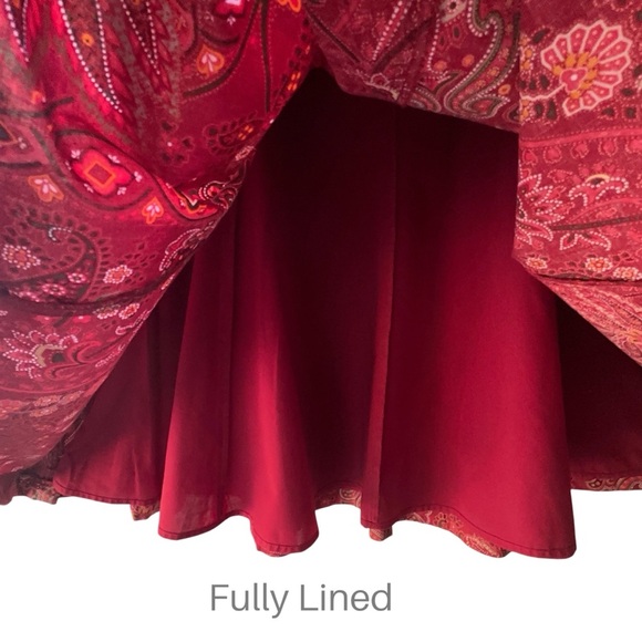 LIZ & CO | NWOT PAISLEY MIDI SKIRT PURE COTTON BOHO FLARED LINED RICH RED | 16 - Picture 4 of 8